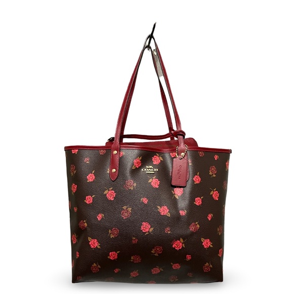Coach Reversible City Tote Bag Tossed Peonies Oxblood/Cherry Coated Canvas - Picture 6 of 14